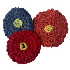 New Homemade Crocheted Knit Floral Potholders Blue Red Pink Set of 3